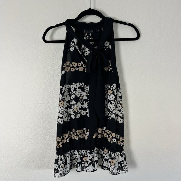 7th Avenue Design Studio Top Womens Size XL Black Floral Sleeveless Scarf Blouse - Picture 1 of 11